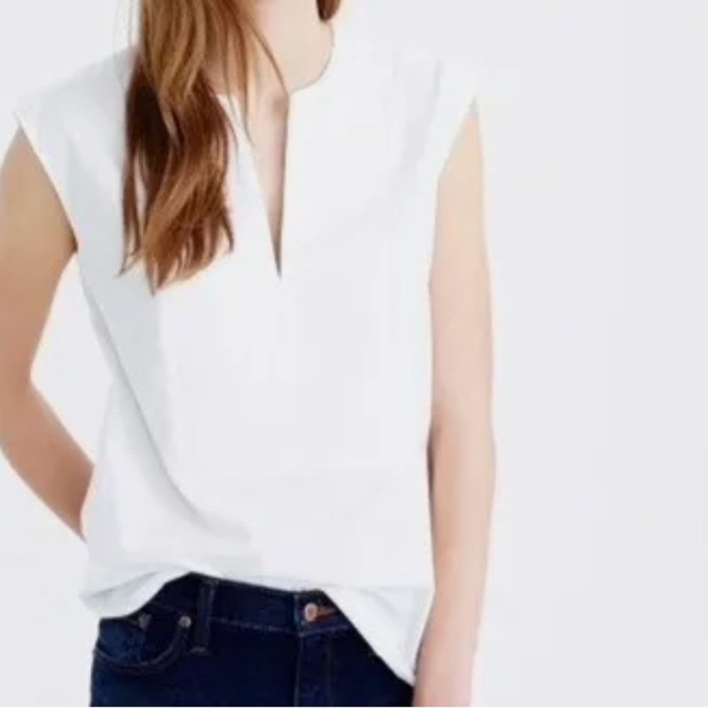 Thomas Mason For J.Crew White Contrasting Pique Panel V Neck Sleeveless Blouse